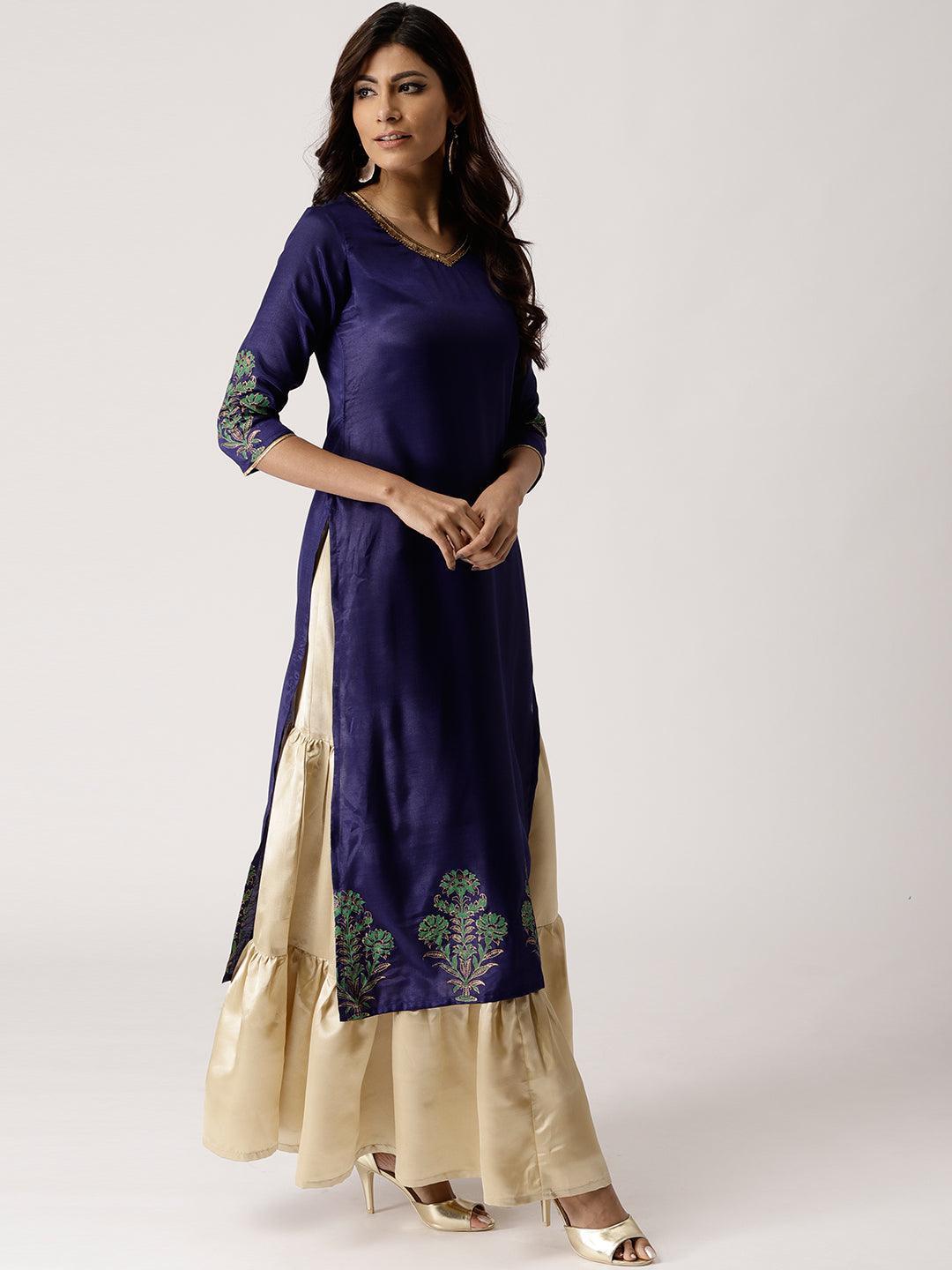 Blue Solid Polyester Straight Kurta With Skirt & Dupatta