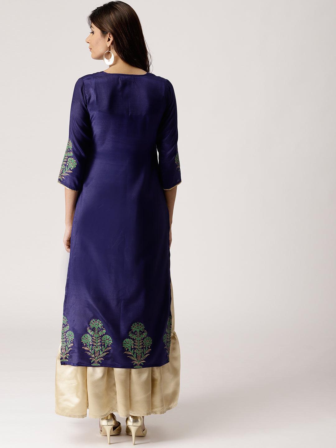 Blue Solid Polyester Straight Kurta With Skirt & Dupatta