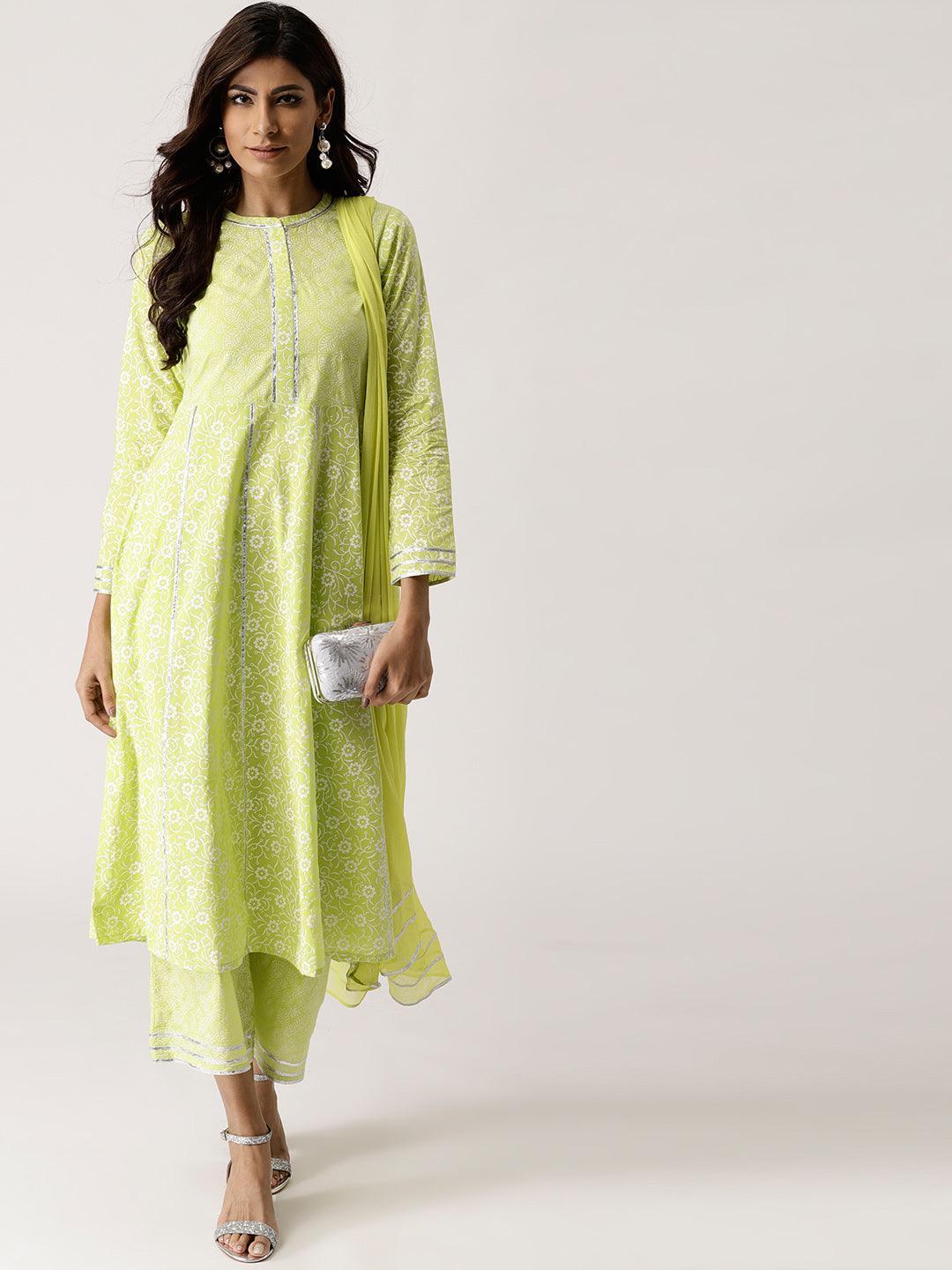 Green Printed Cotton Suit Set