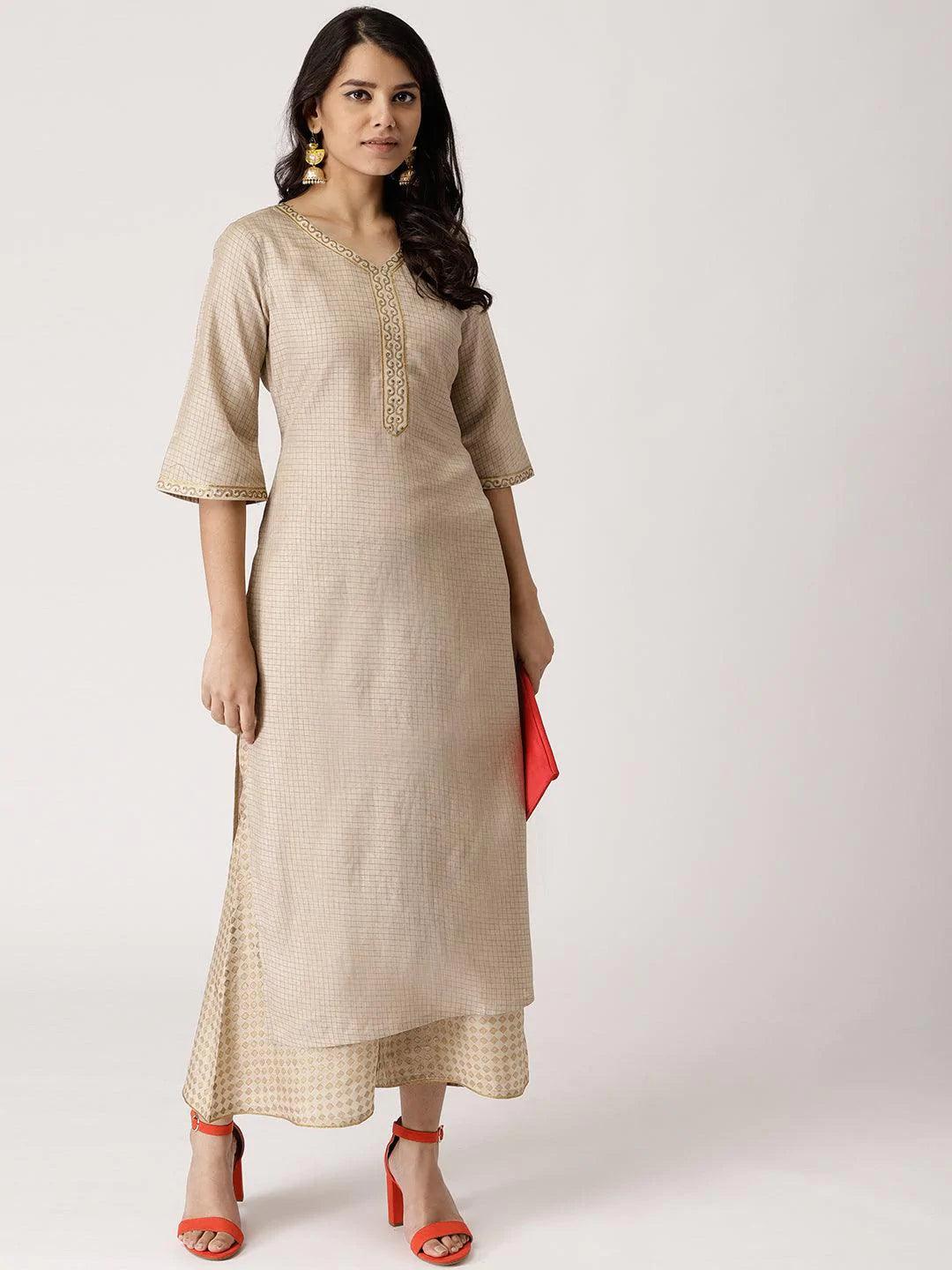 Beige Checkered Chanderi Kurta Set - ShopLibas