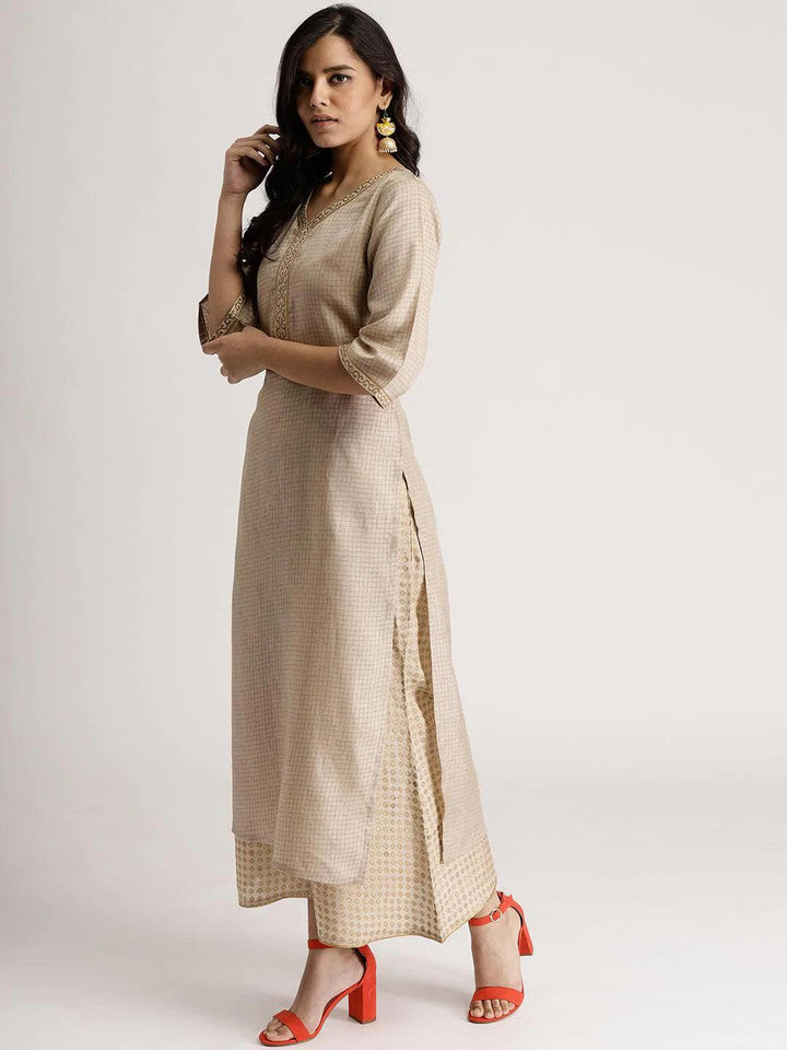 Beige Checkered Chanderi Kurta Set - ShopLibas