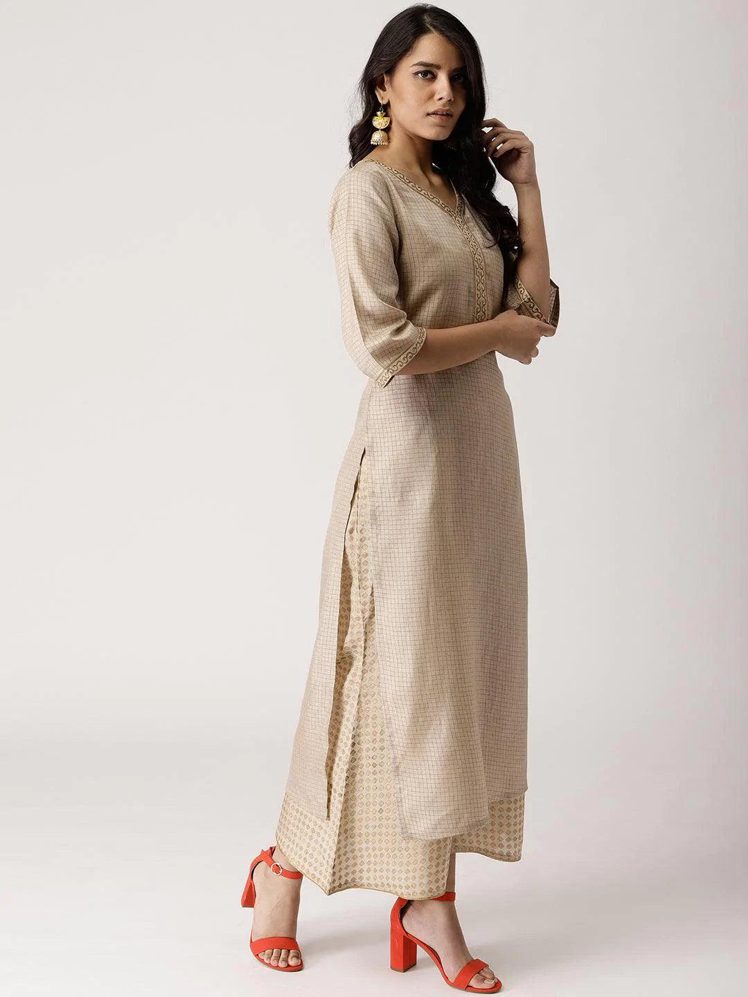 Beige Checkered Chanderi Kurta Set - ShopLibas