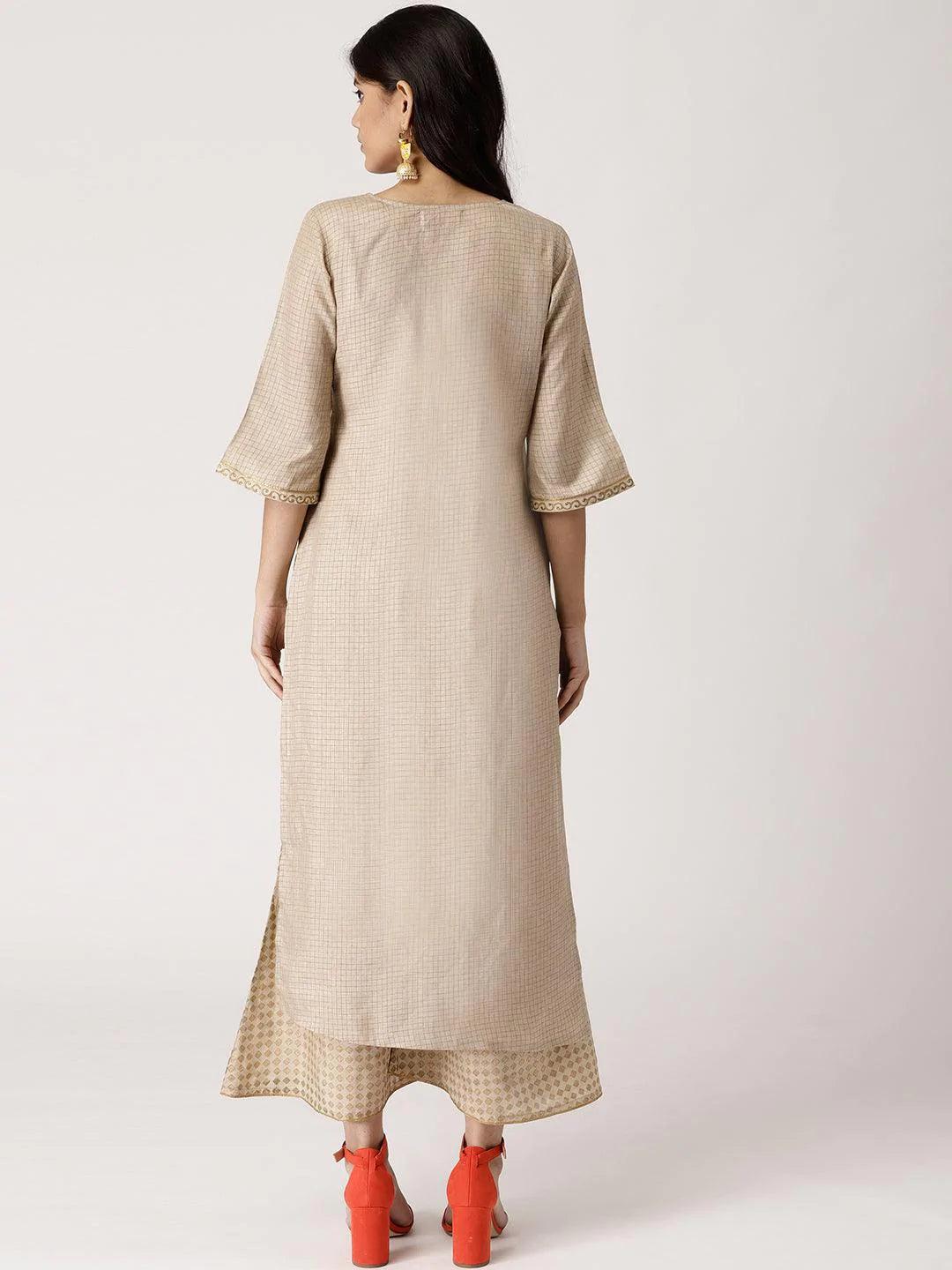 Beige Checkered Chanderi Kurta Set