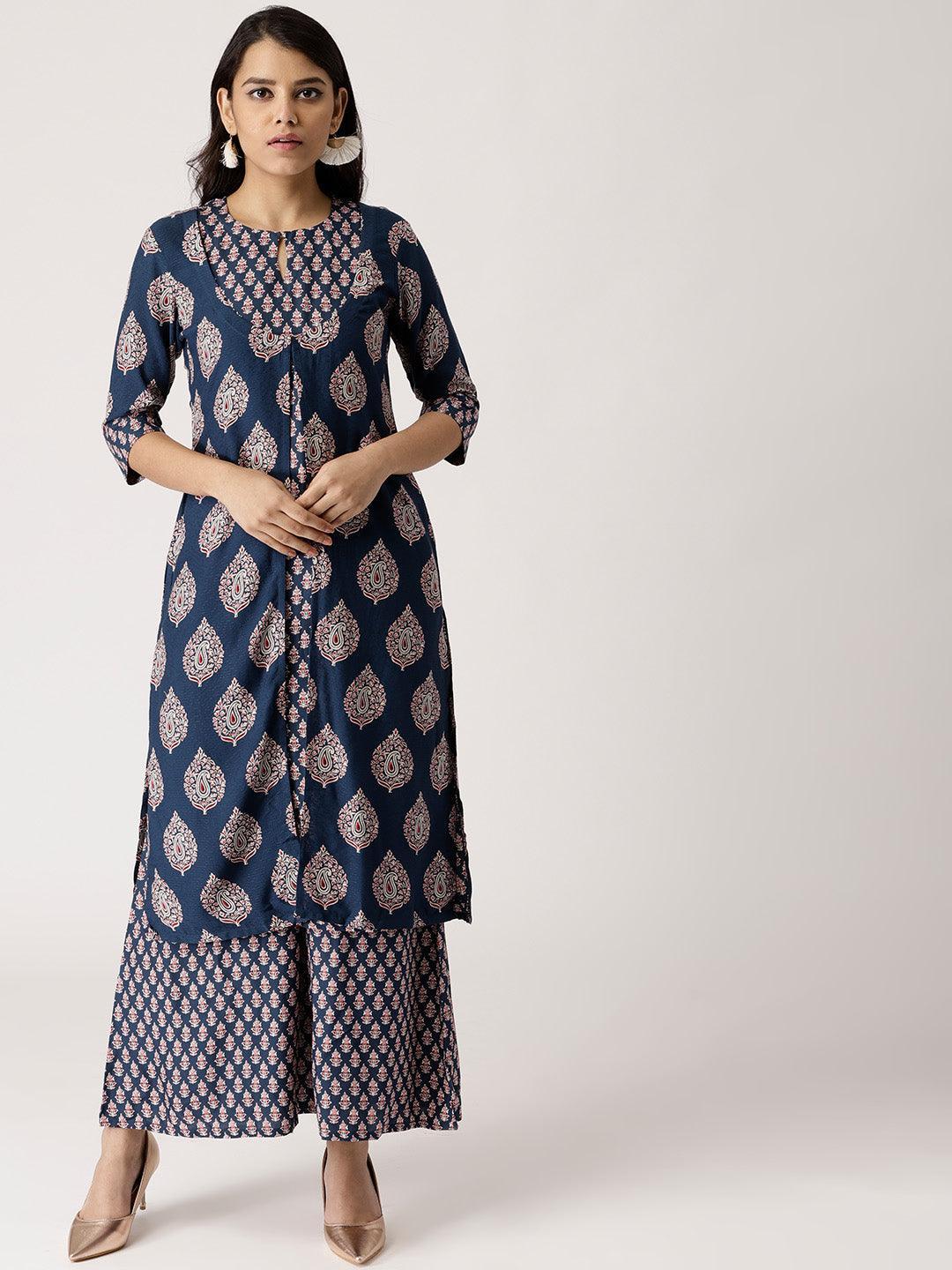 Blue Printed Rayon Kurta Set With Jacket