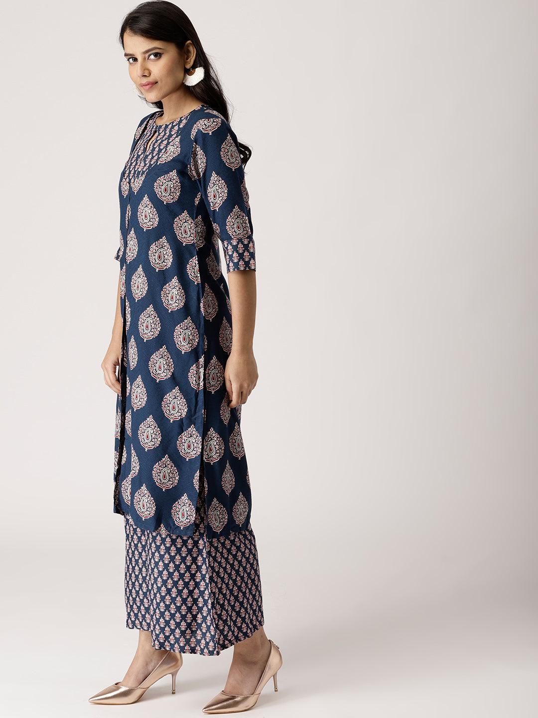 Blue Printed Rayon Kurta Set With Jacket