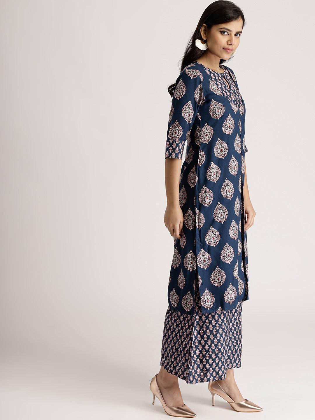 Blue Printed Rayon Kurta Set With Jacket