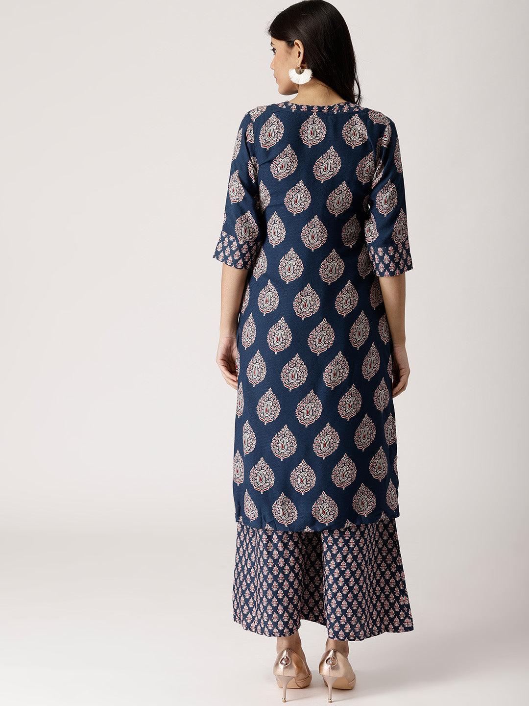 Blue Printed Rayon Kurta Set With Jacket