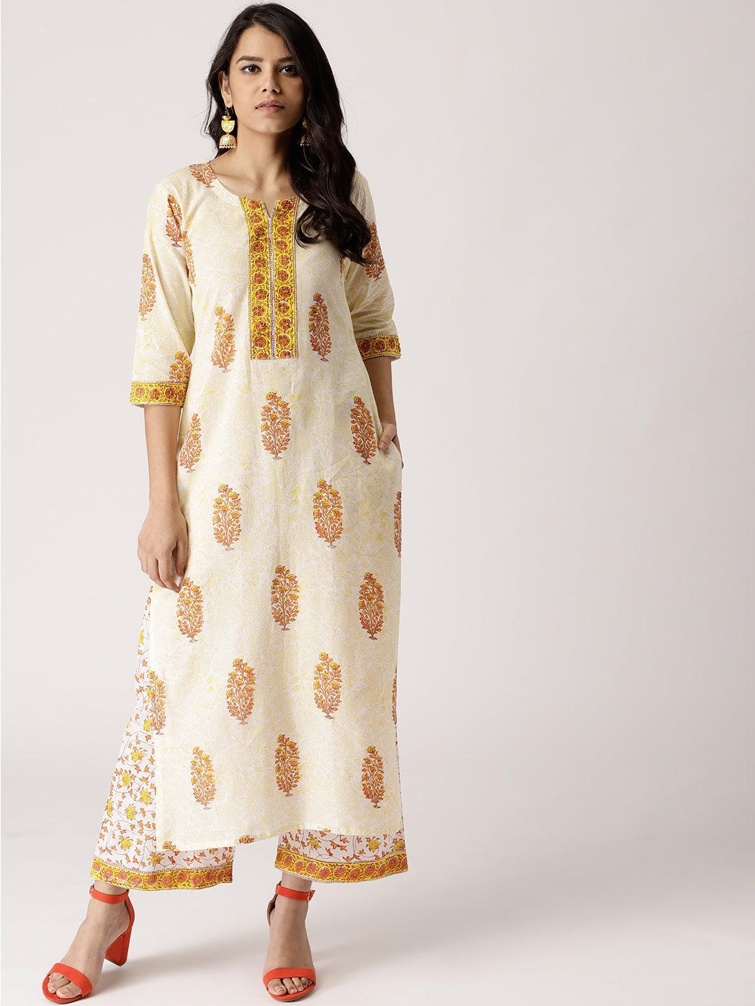 White Printed Cotton Straight Kurta With Palazzos