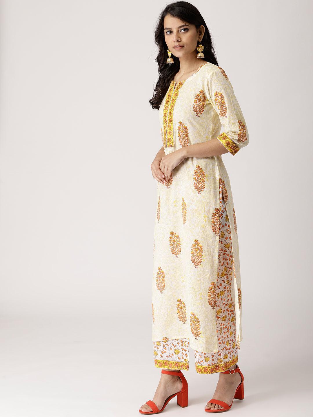 White Printed Cotton Straight Kurta With Palazzos