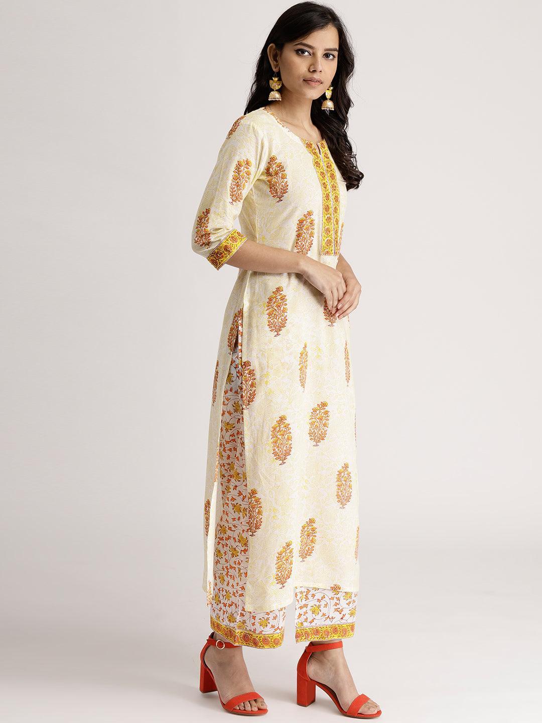 White Printed Cotton Straight Kurta With Palazzos