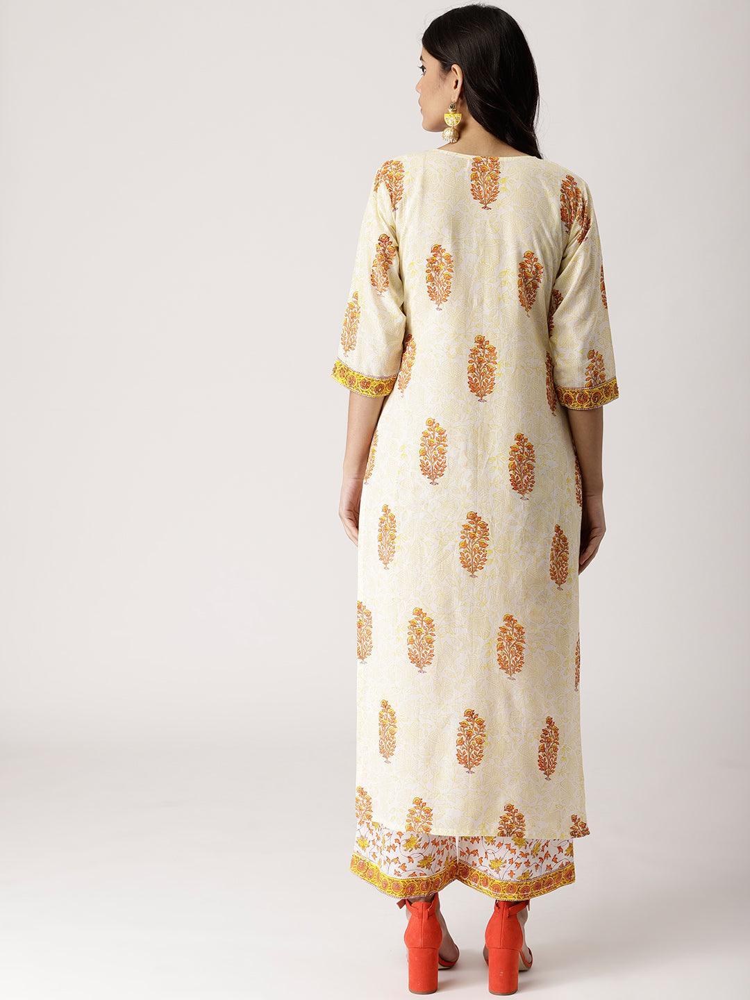 White Printed Cotton Straight Kurta With Palazzos