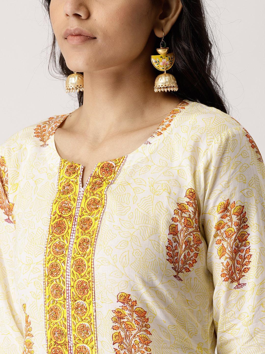 White Printed Cotton Straight Kurta With Palazzos