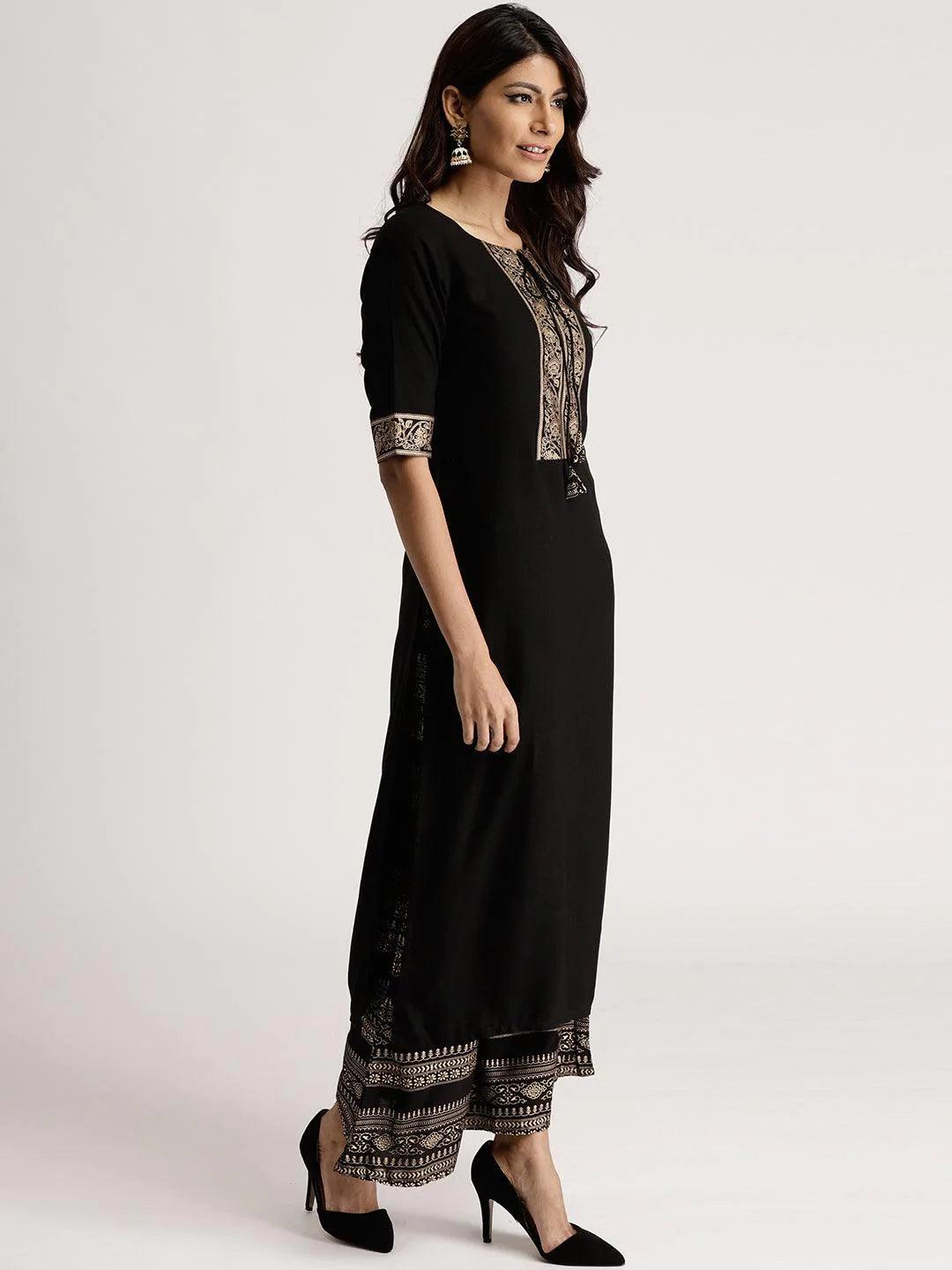 Black Solid Rayon Kurta Set