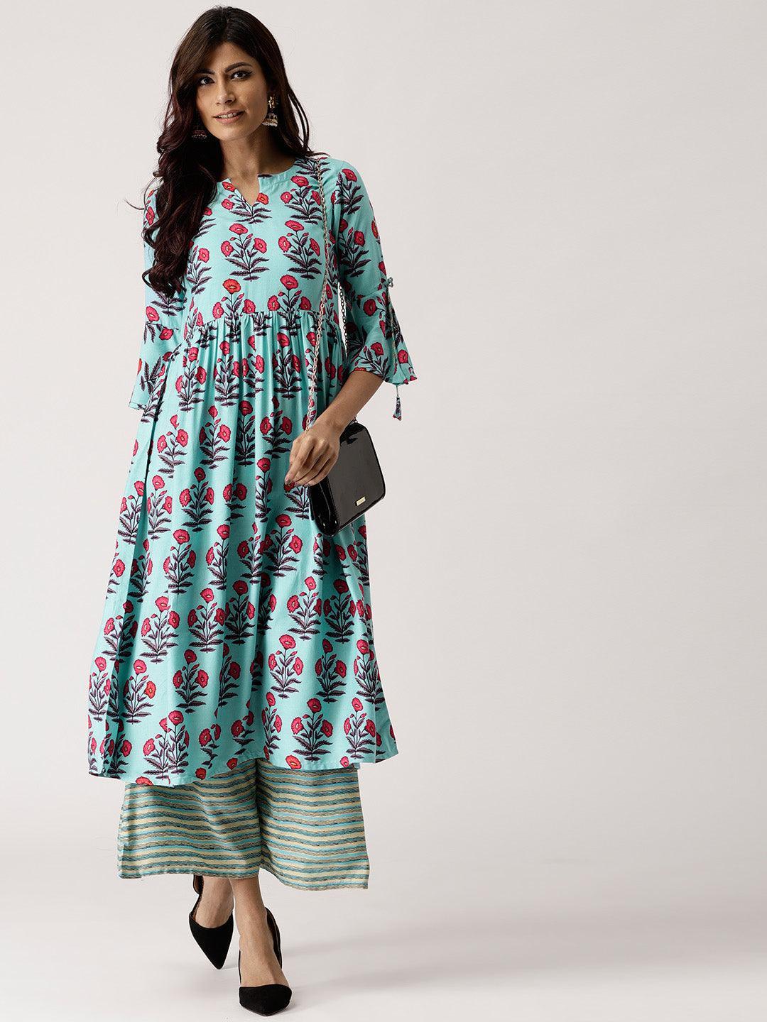 Blue Printed Rayon Kurta Set