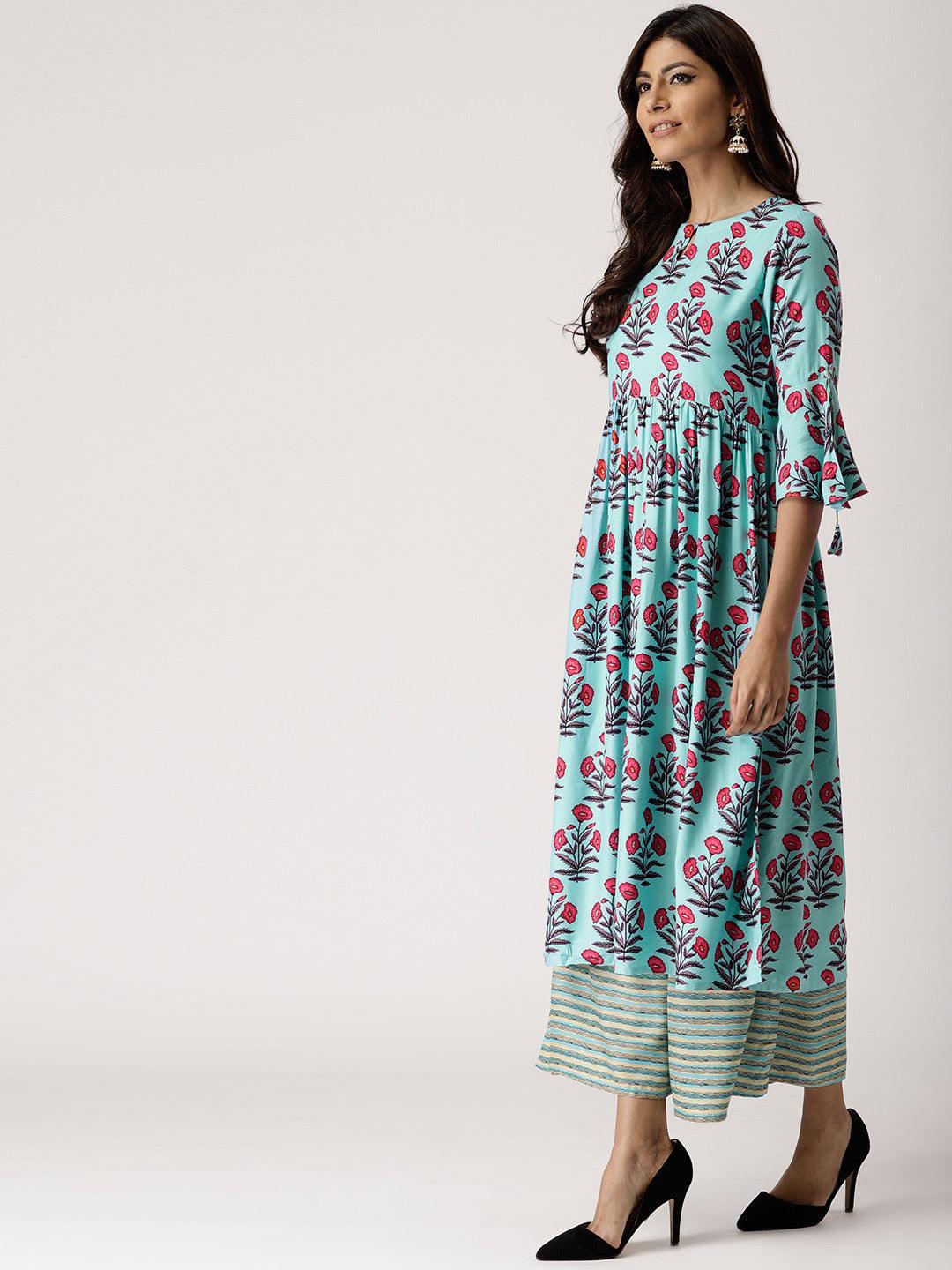 Blue Printed Rayon Kurta Set