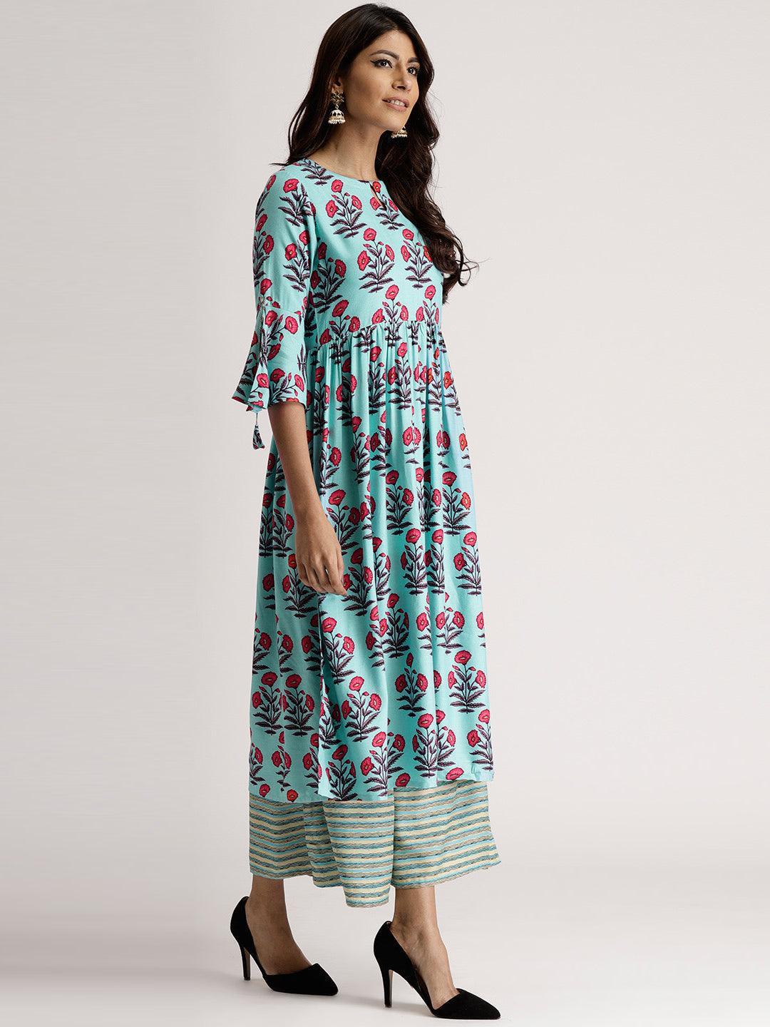 Blue Printed Rayon Kurta Set