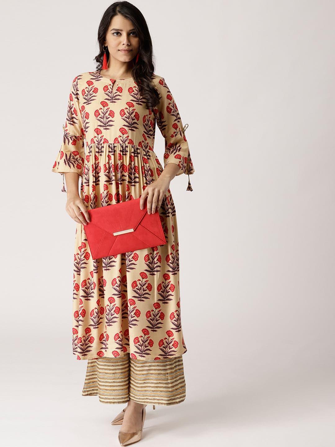 Beige Printed Rayon Kurta Set