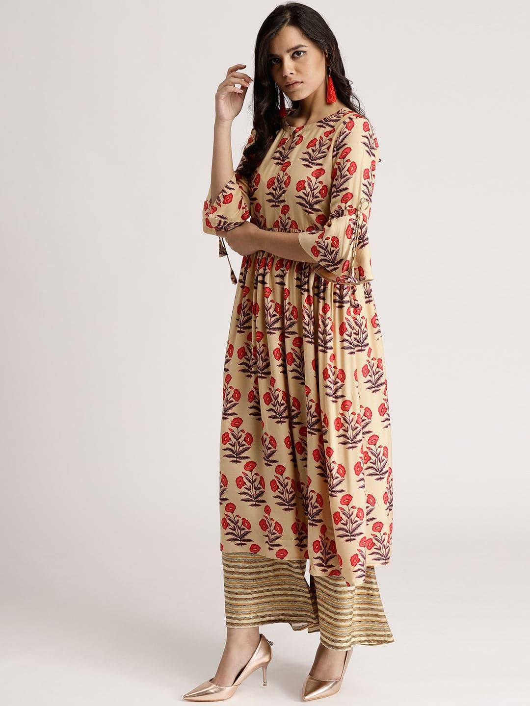 Beige Printed Rayon Kurta Set