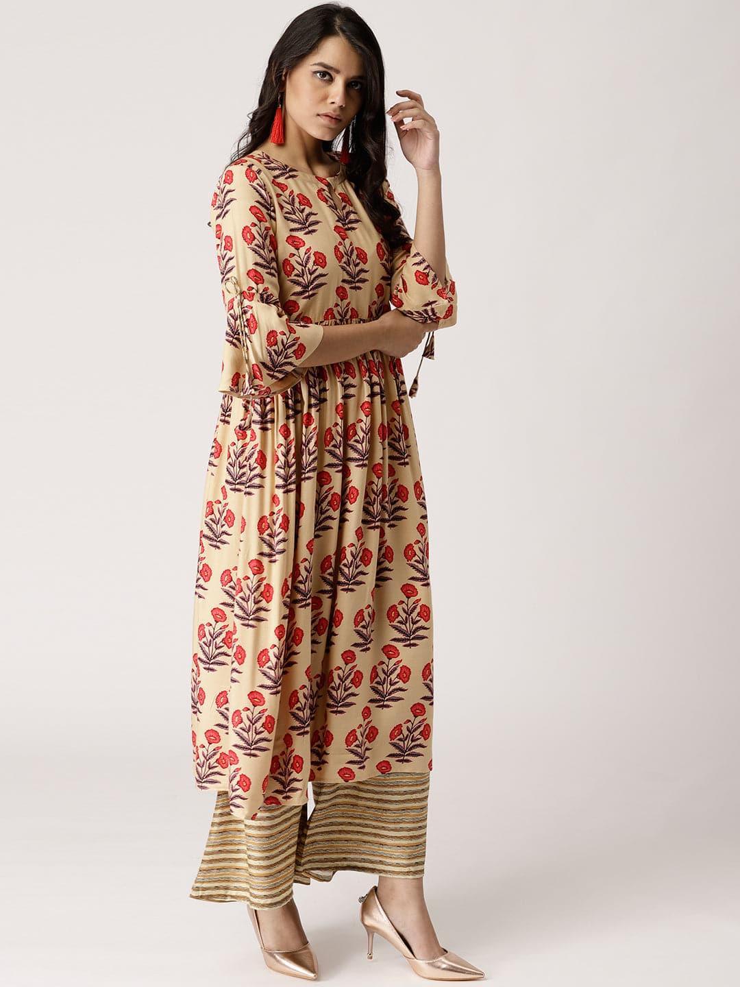 Beige Printed Rayon Kurta Set