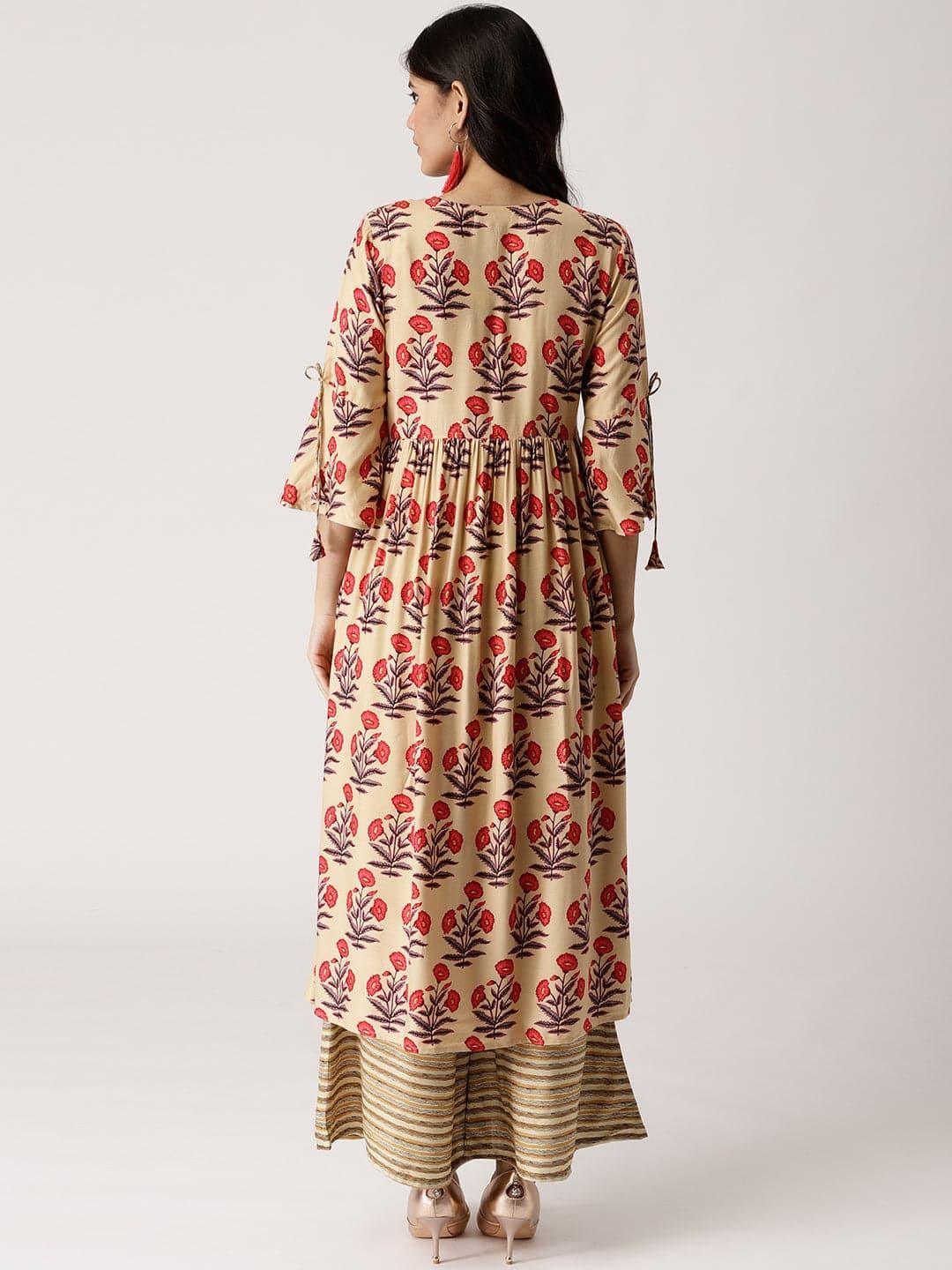 Beige Printed Rayon Kurta Set