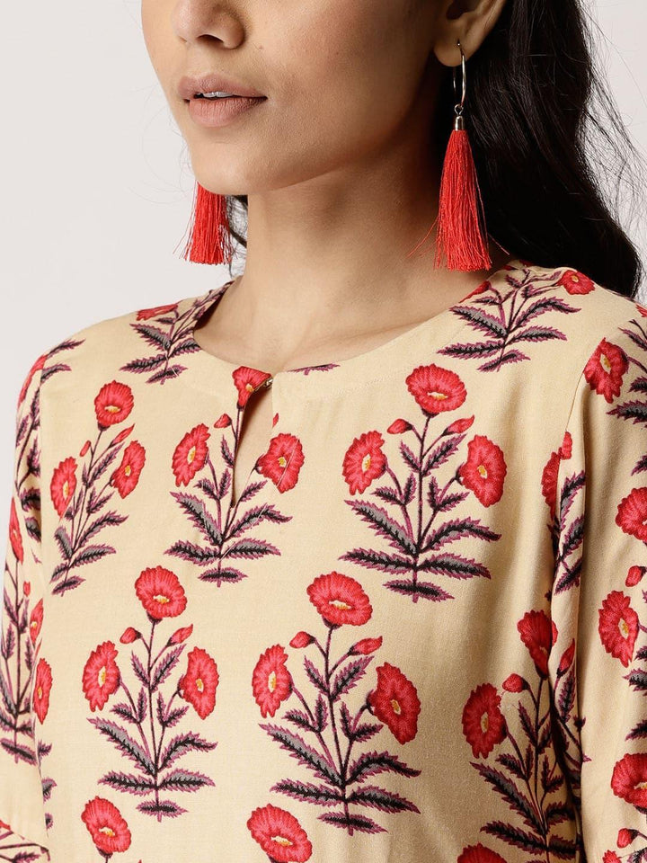 Beige Printed Rayon Kurta Set - ShopLibas