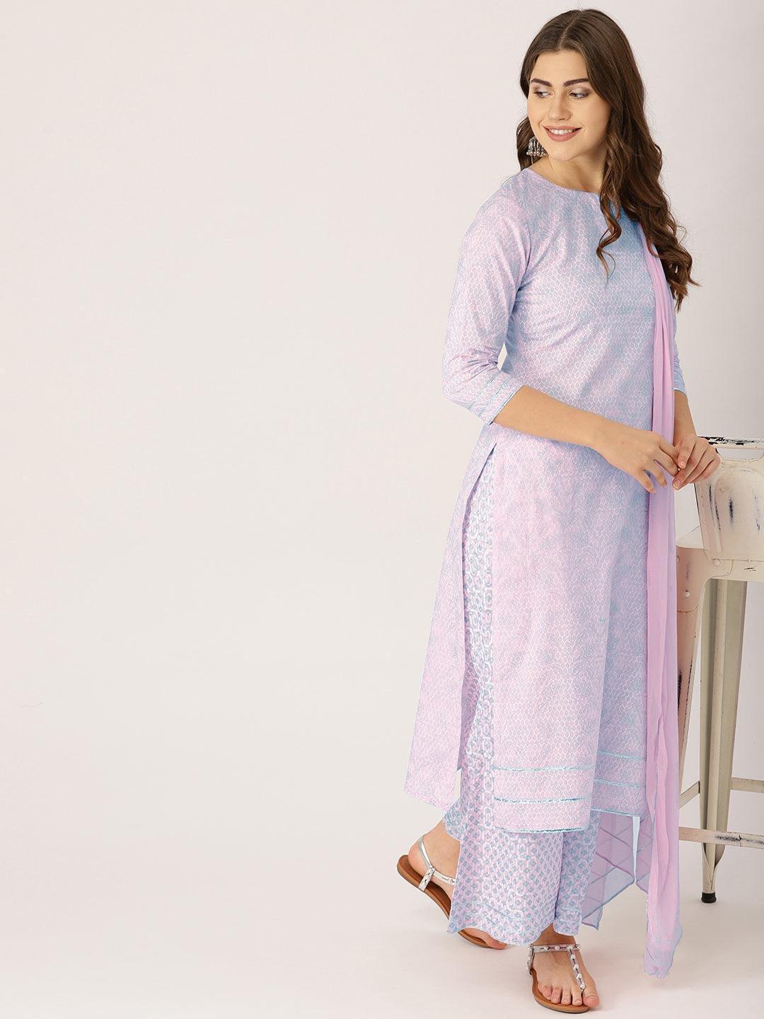 Pink Printed Cotton Straight Kurta With Palazzos & Dupatta - ShopLibas