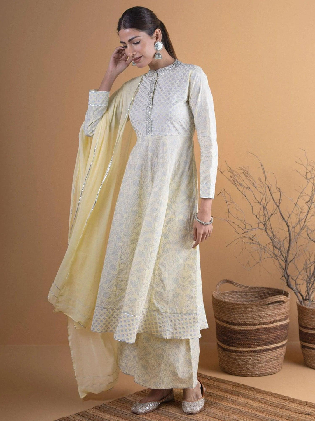 Pastel Yellow Printed Cotton Suit Set - ShopLibas