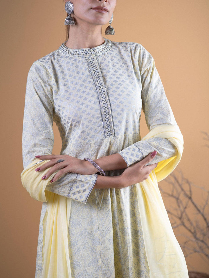 Pastel Yellow Printed Cotton Suit Set - ShopLibas