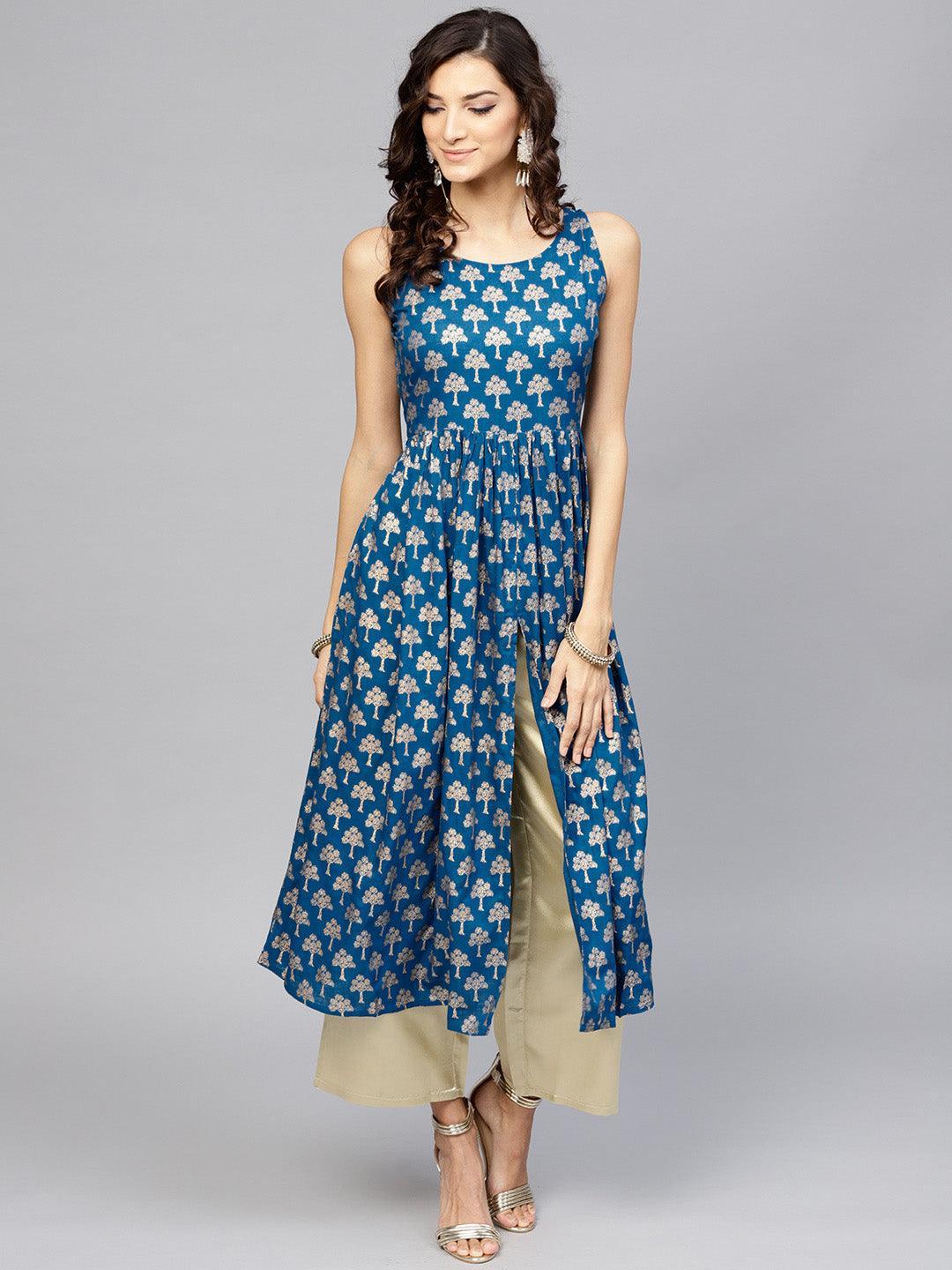 Blue Printed Cotton Kurta Set