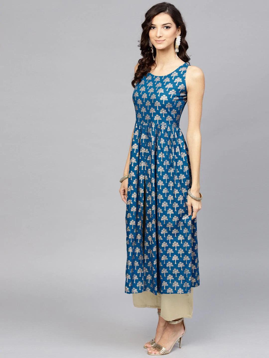 Blue Printed Cotton Kurta Set