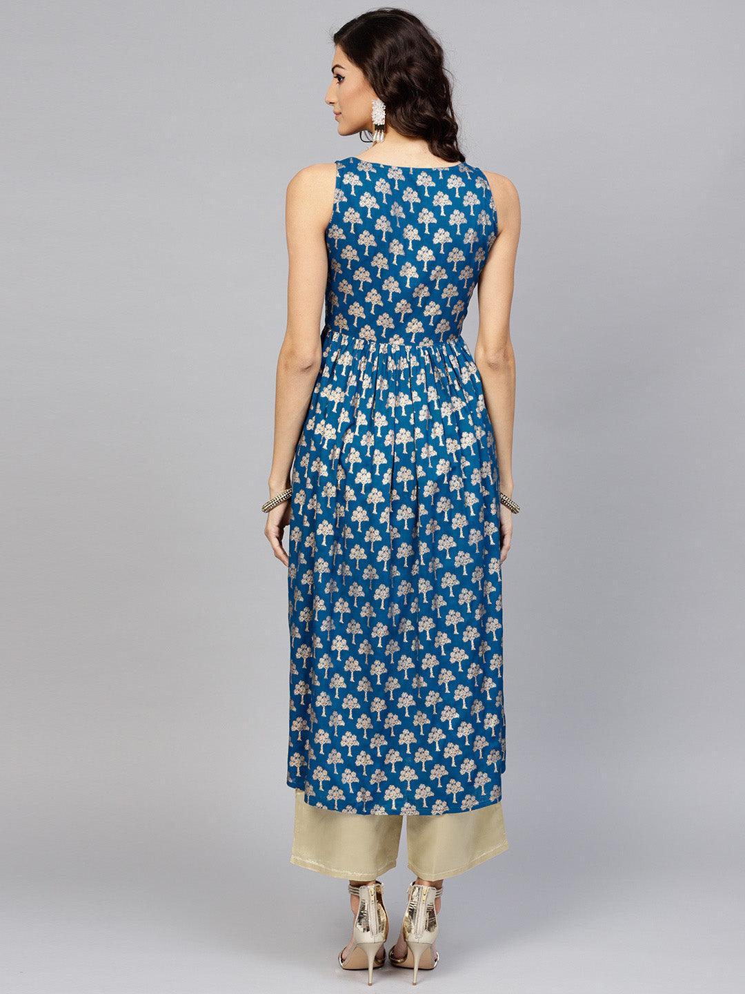 Blue Printed Cotton Kurta Set