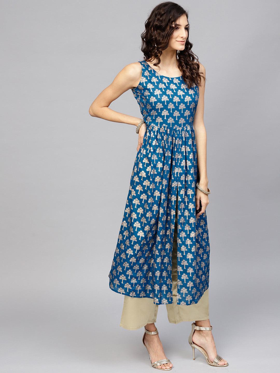 Blue Printed Cotton Kurta Set