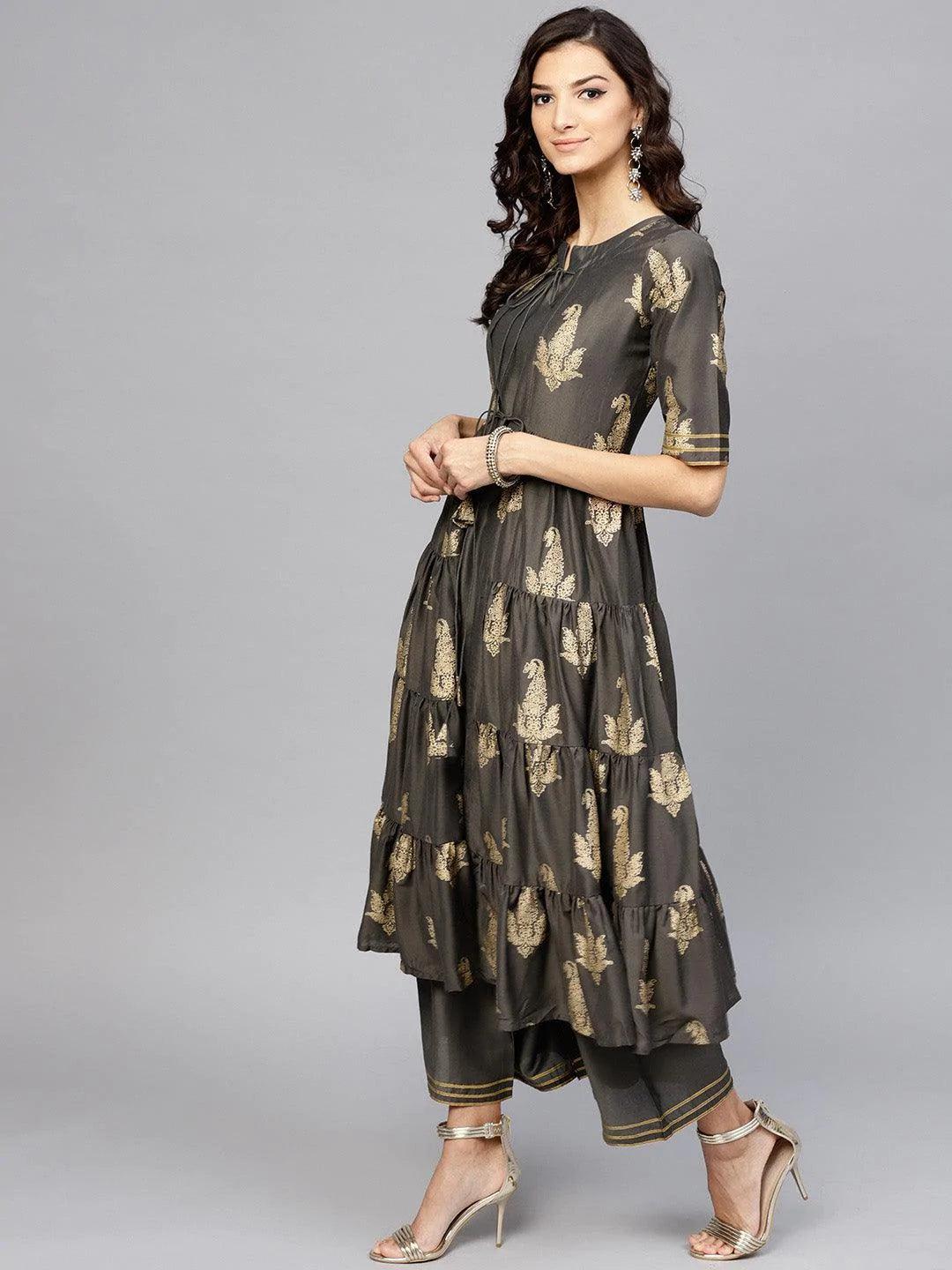 Grey Printed Silk Kurta Set