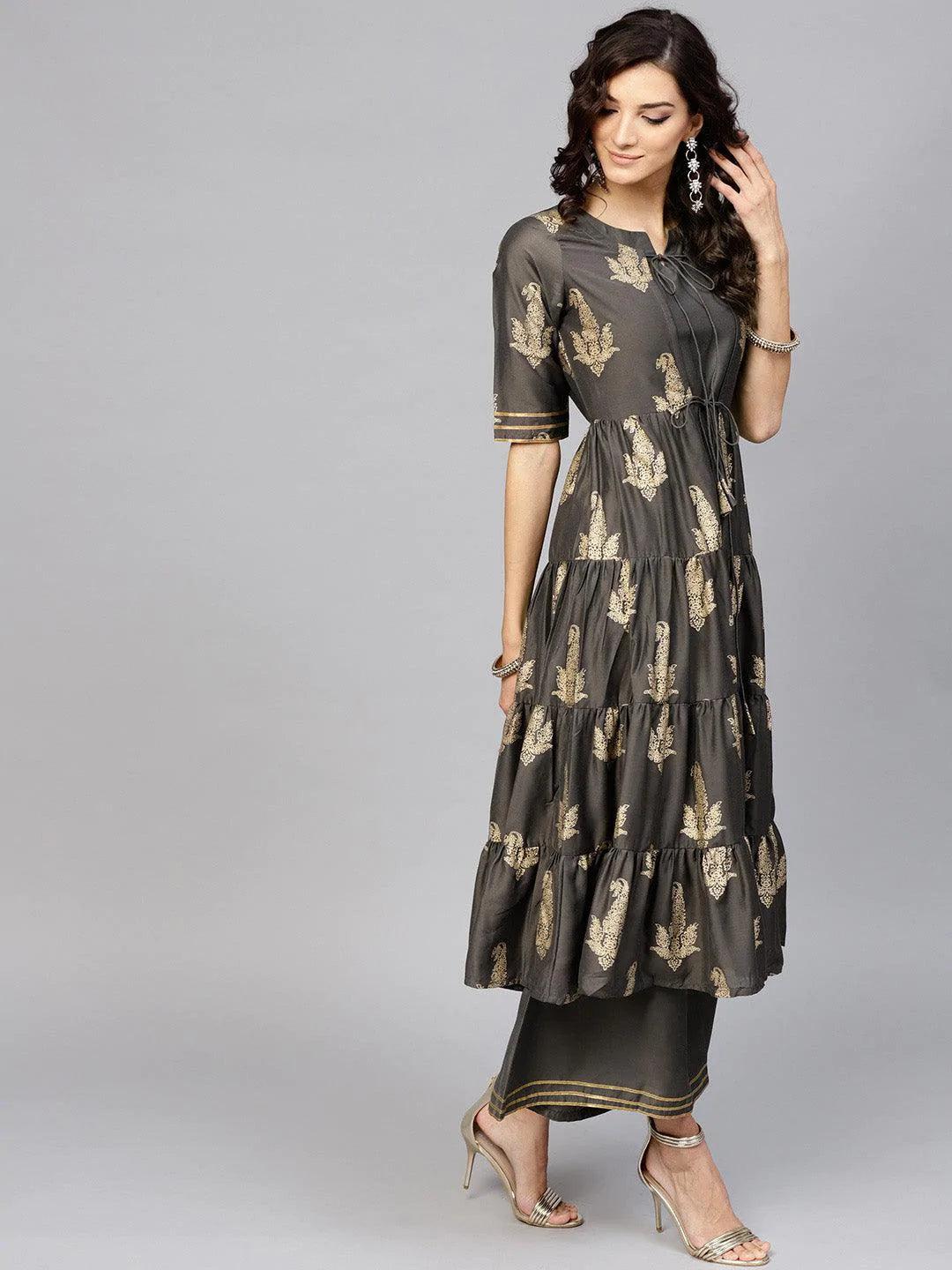 Grey Printed Silk Kurta Set