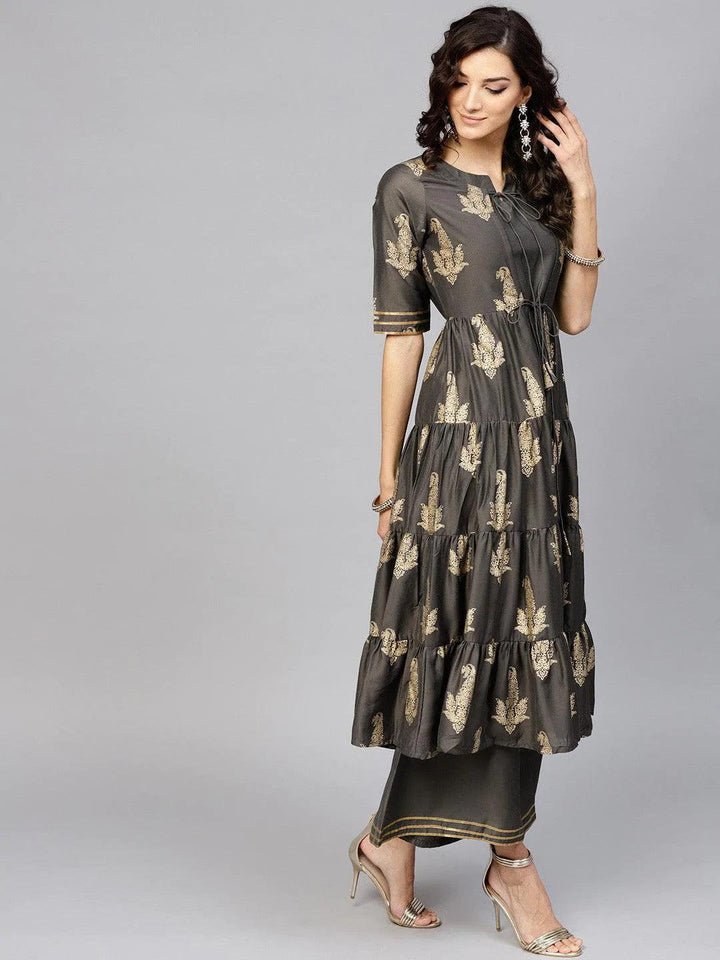 Grey Printed Silk Kurta Set - ShopLibas