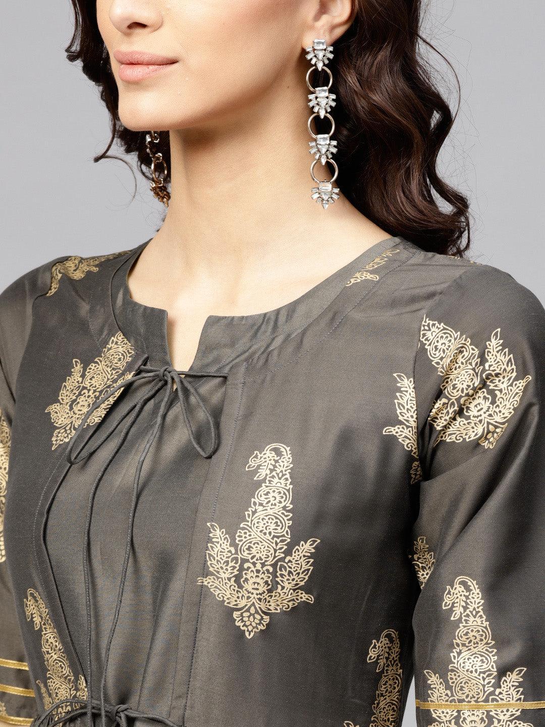 Grey Printed Silk Kurta Set