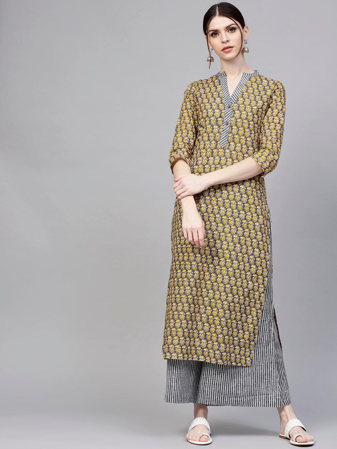 Grey Printed Cotton Kurta Set