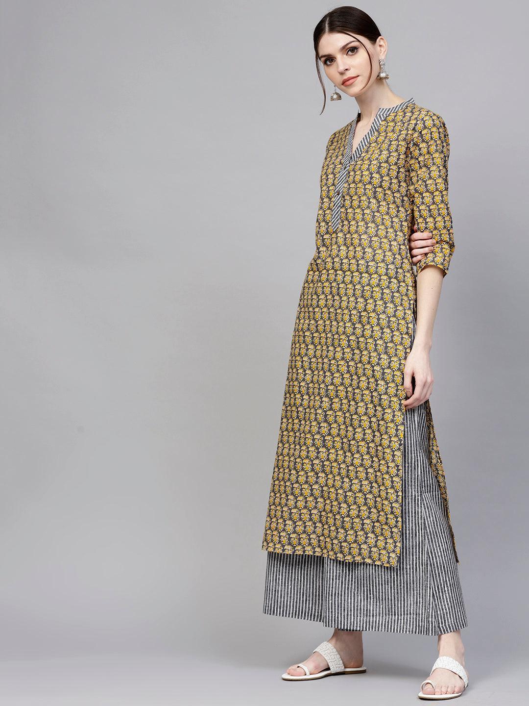 Grey Printed Cotton Kurta Set