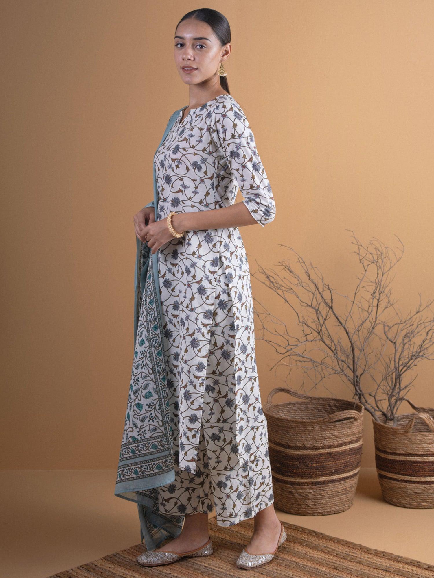 Off-White Printed Cotton Straight Kurta With Palazzos & Dupatta