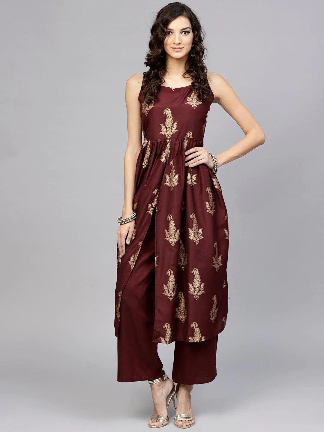 Maroon Printed Muslin Kurta Set