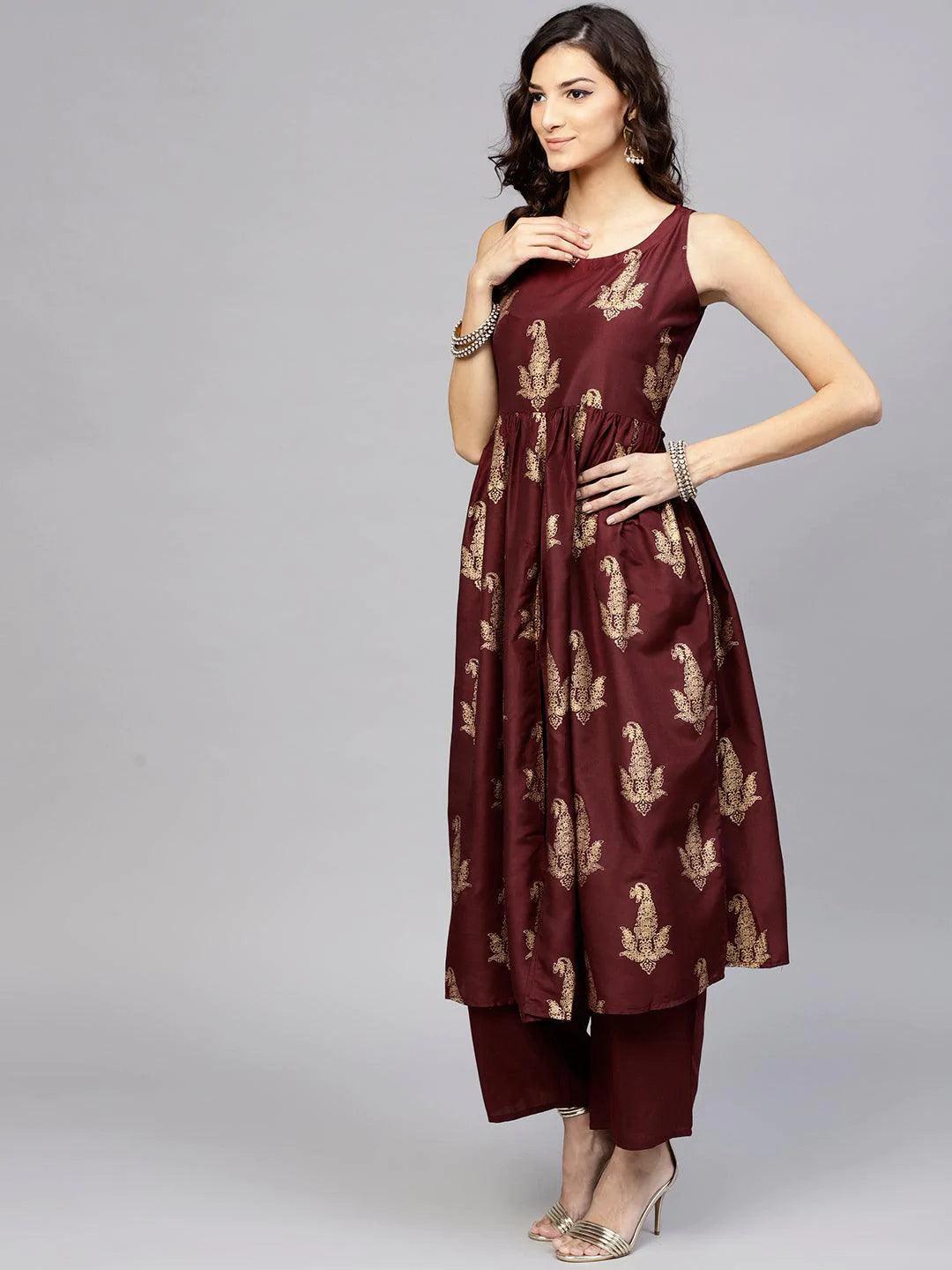 Maroon Printed Muslin Kurta Set