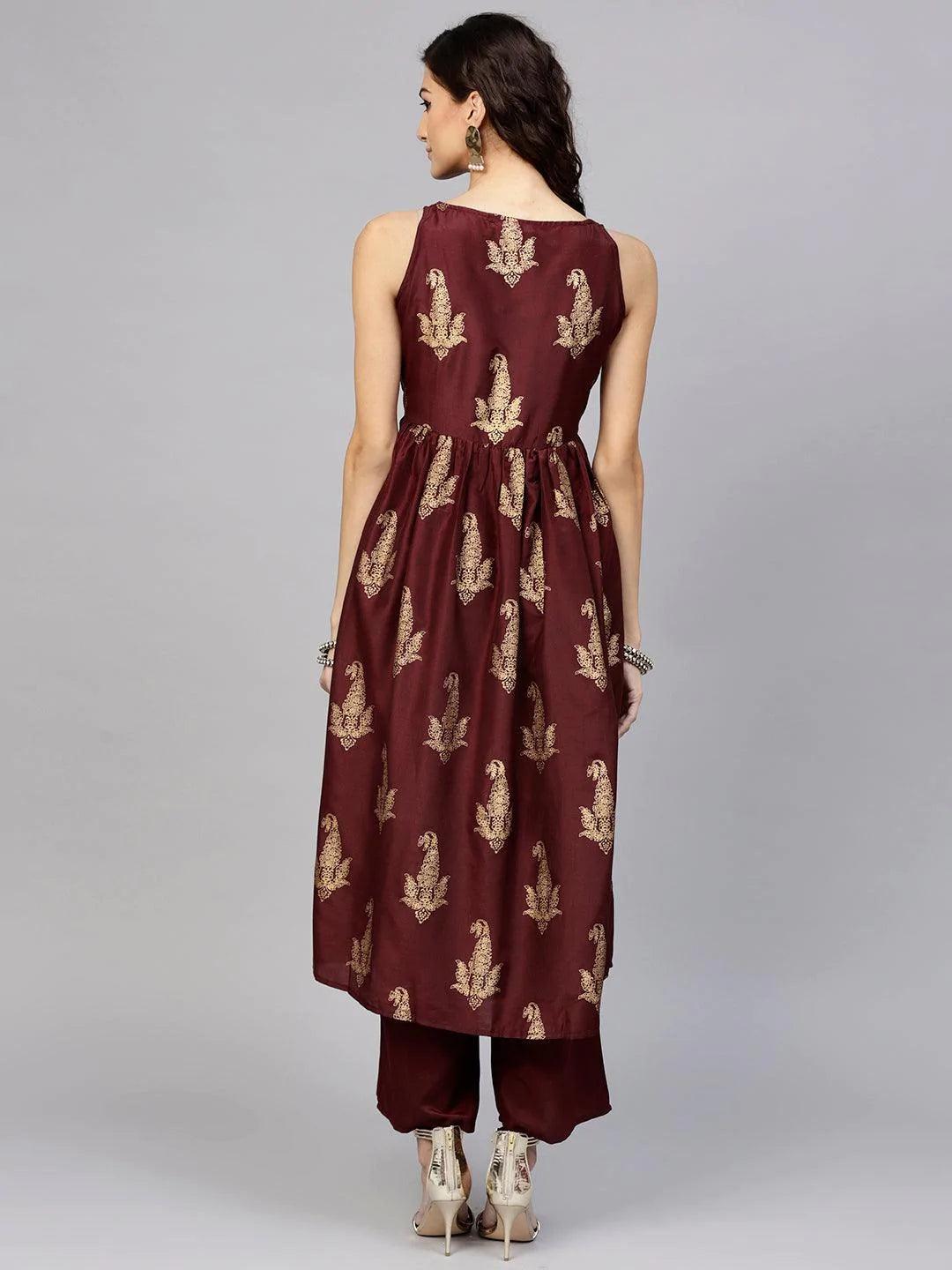 Maroon Printed Muslin Kurta Set