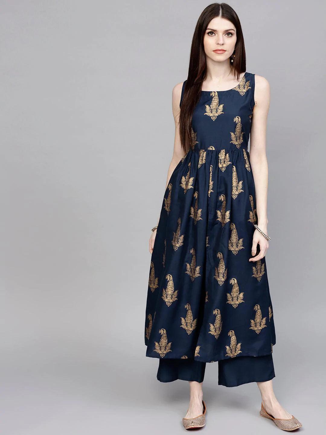 Blue Printed Silk Kurta Set