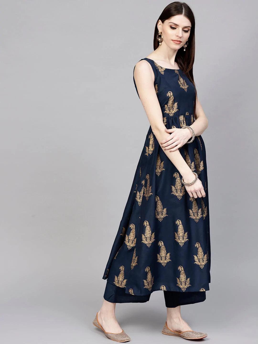 Blue Printed Silk Kurta Set