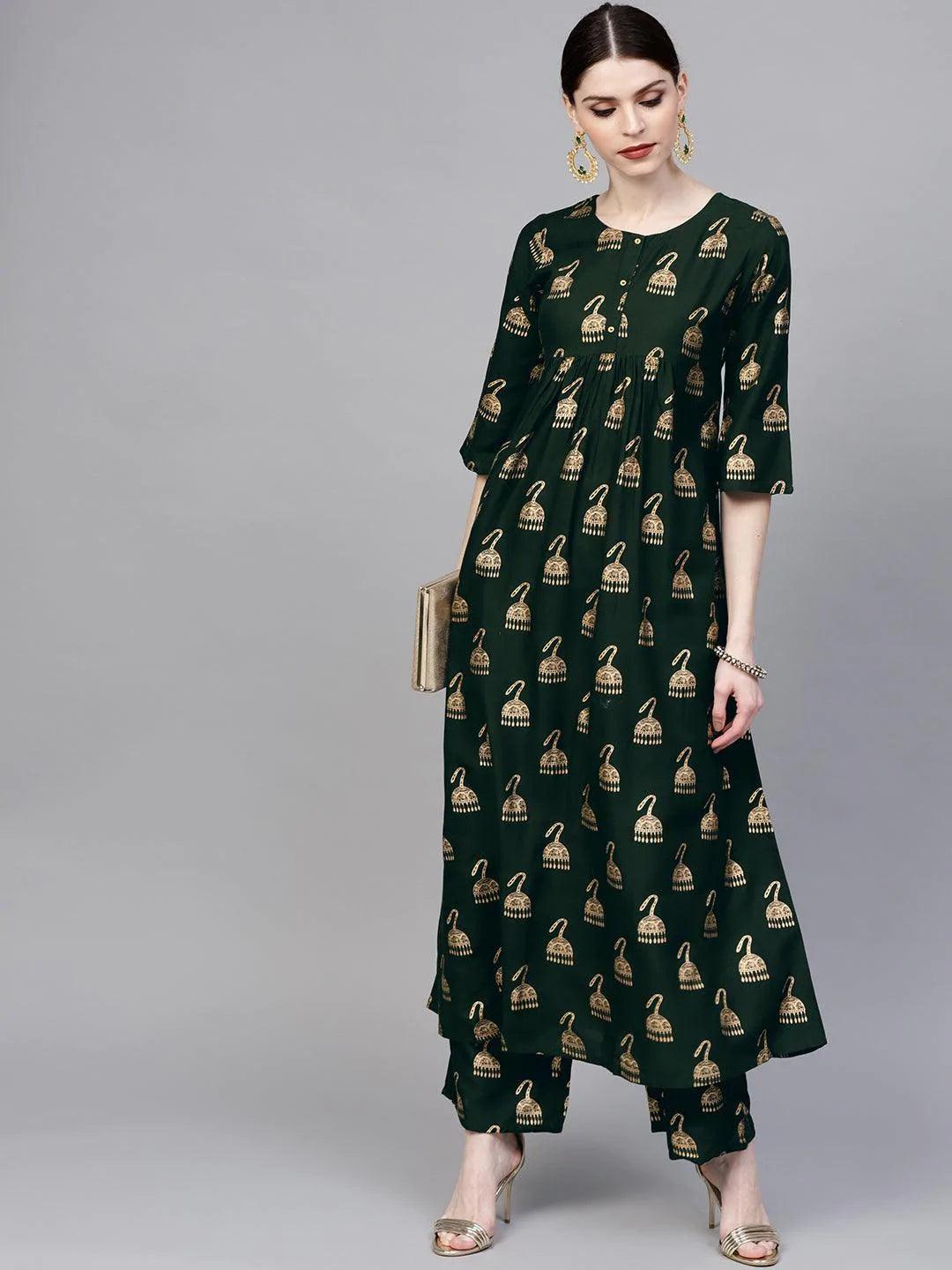 Green Printed Rayon Kurta Set