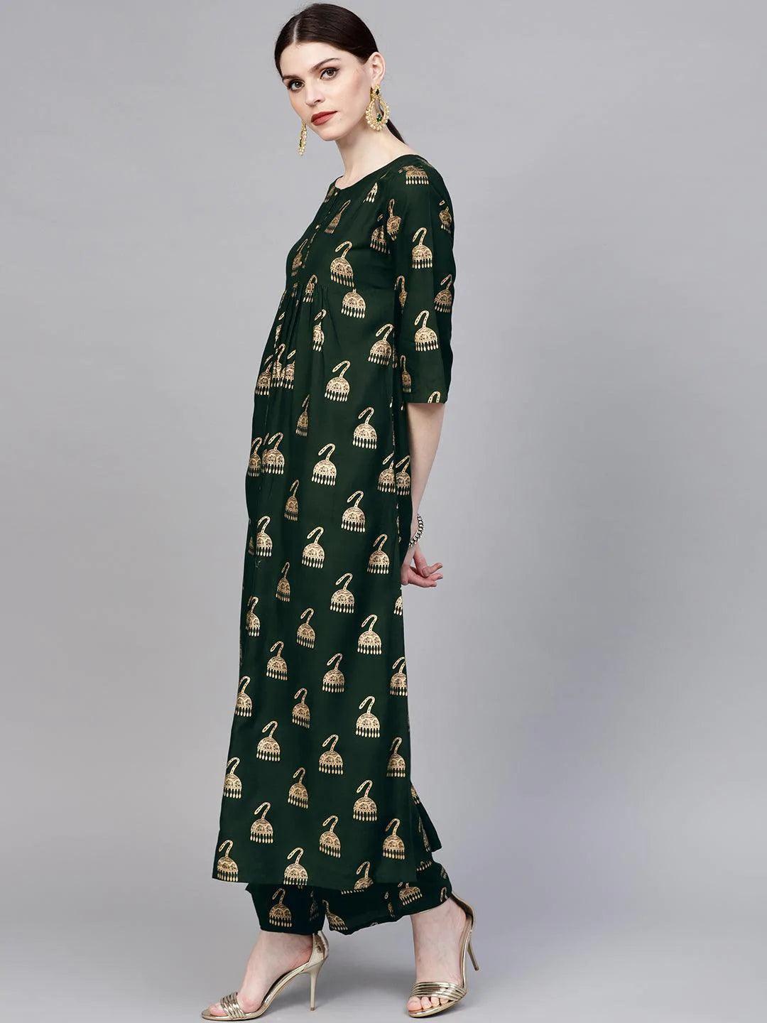 Green Printed Rayon Kurta Set