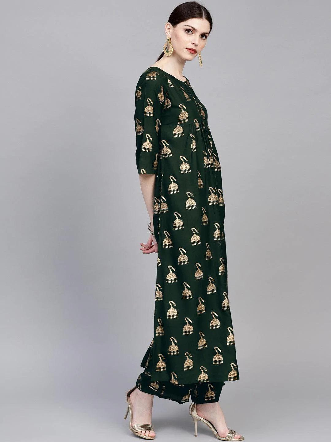 Green Printed Rayon Kurta Set