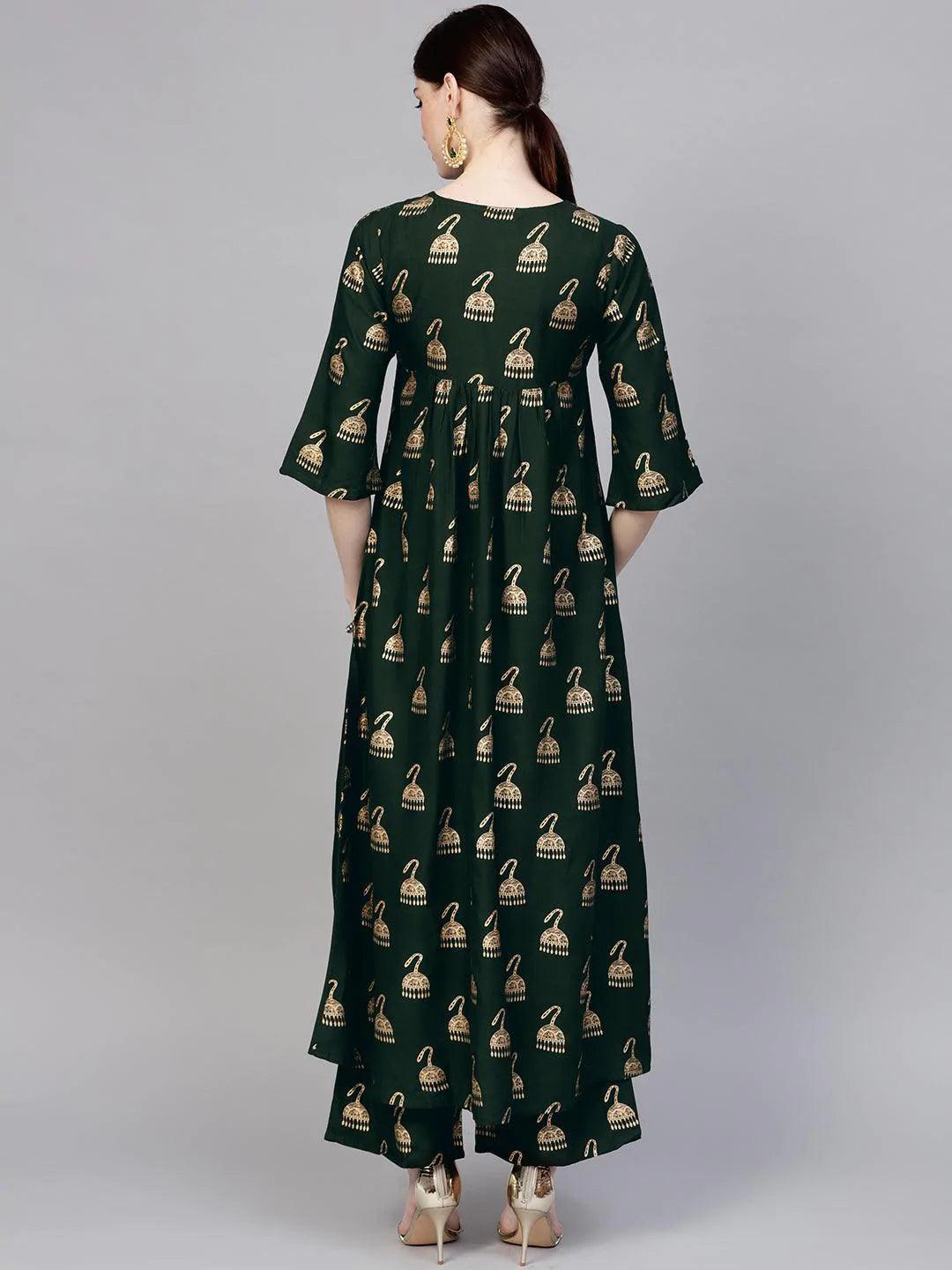 Green Printed Rayon Kurta Set