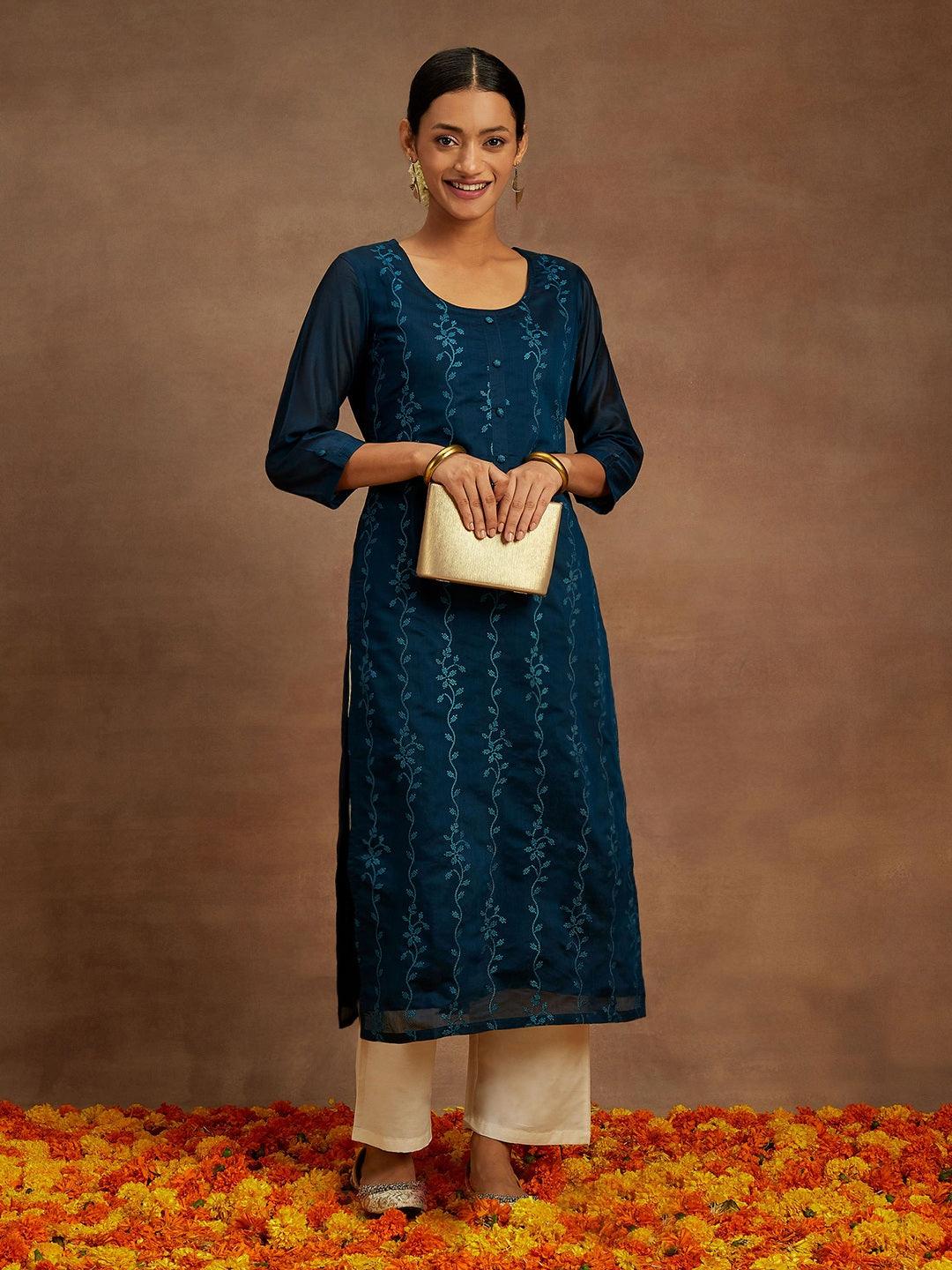 Teal Embroidered Chanderi Silk Straight Kurta