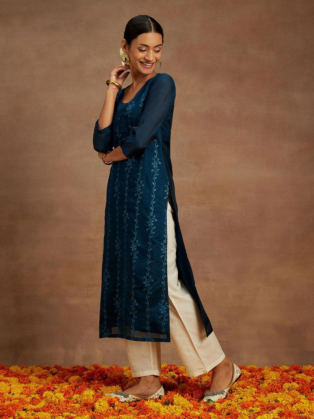 Teal Embroidered Chanderi Silk Straight Kurta